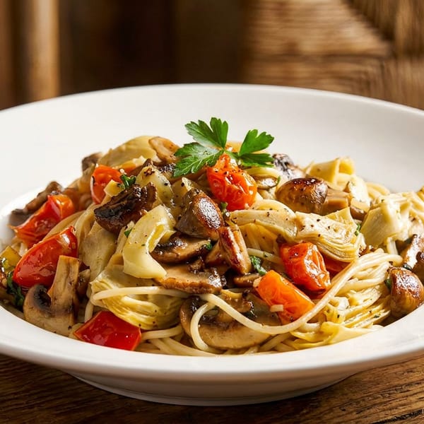 Spaghetti with mushrooms, artichoke hearts, cherry tomatoes, and parsley in a white bowl on a wooden table.