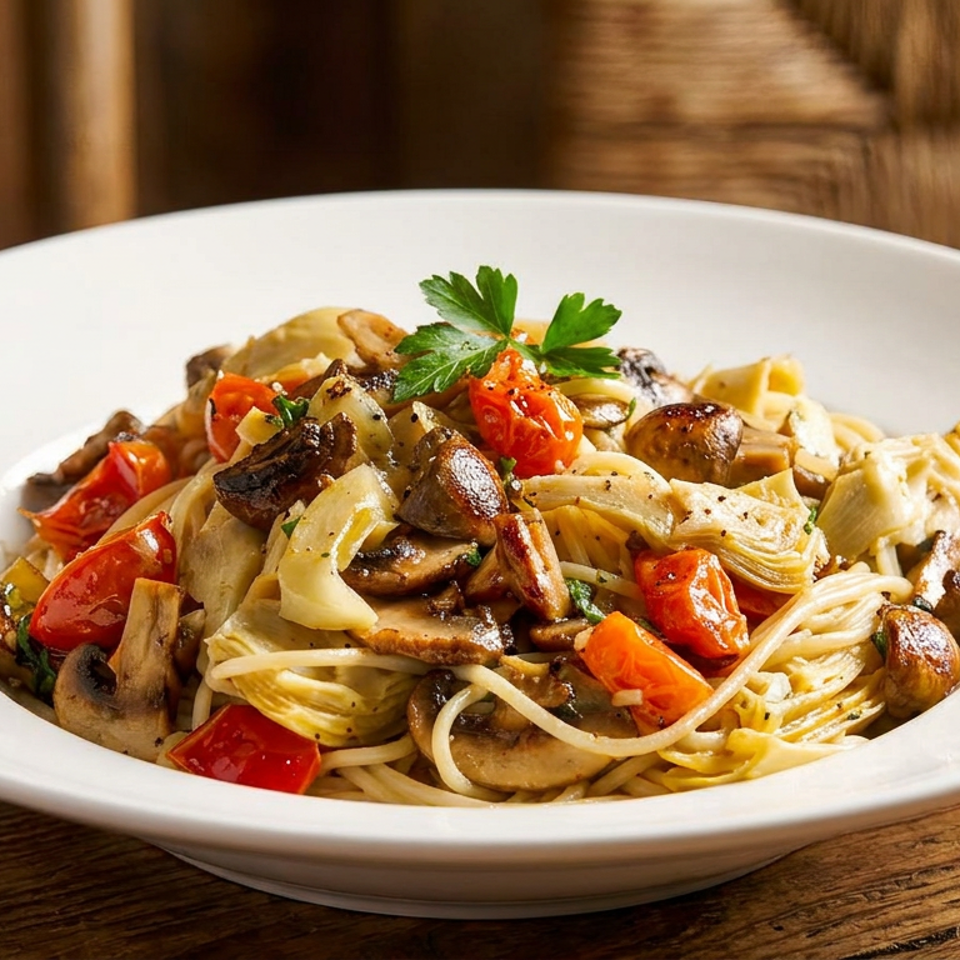 Spaghetti with mushrooms, artichoke hearts, cherry tomatoes, and parsley in a white bowl on a wooden table.