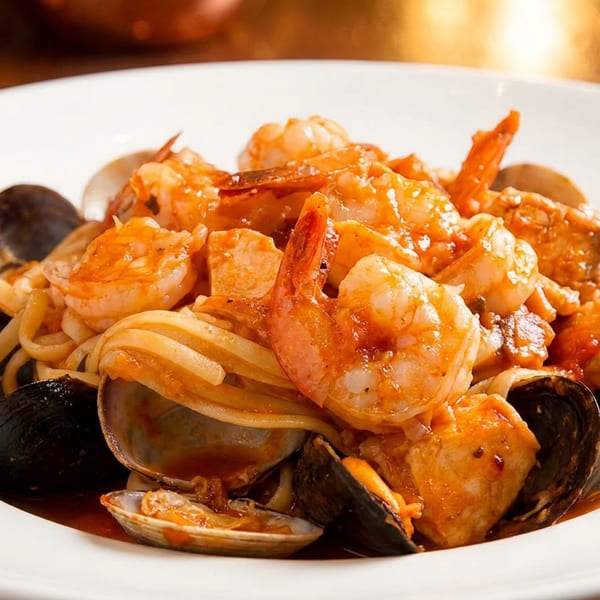 Seafood linguine with shrimp, mussels, and clams in a rich red sauce on a white plate.