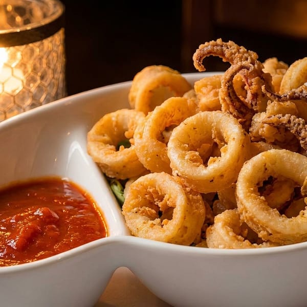 Crispy fried calamari rings and tentacles with marinara sauce in a white bowl, next to a lit candle.