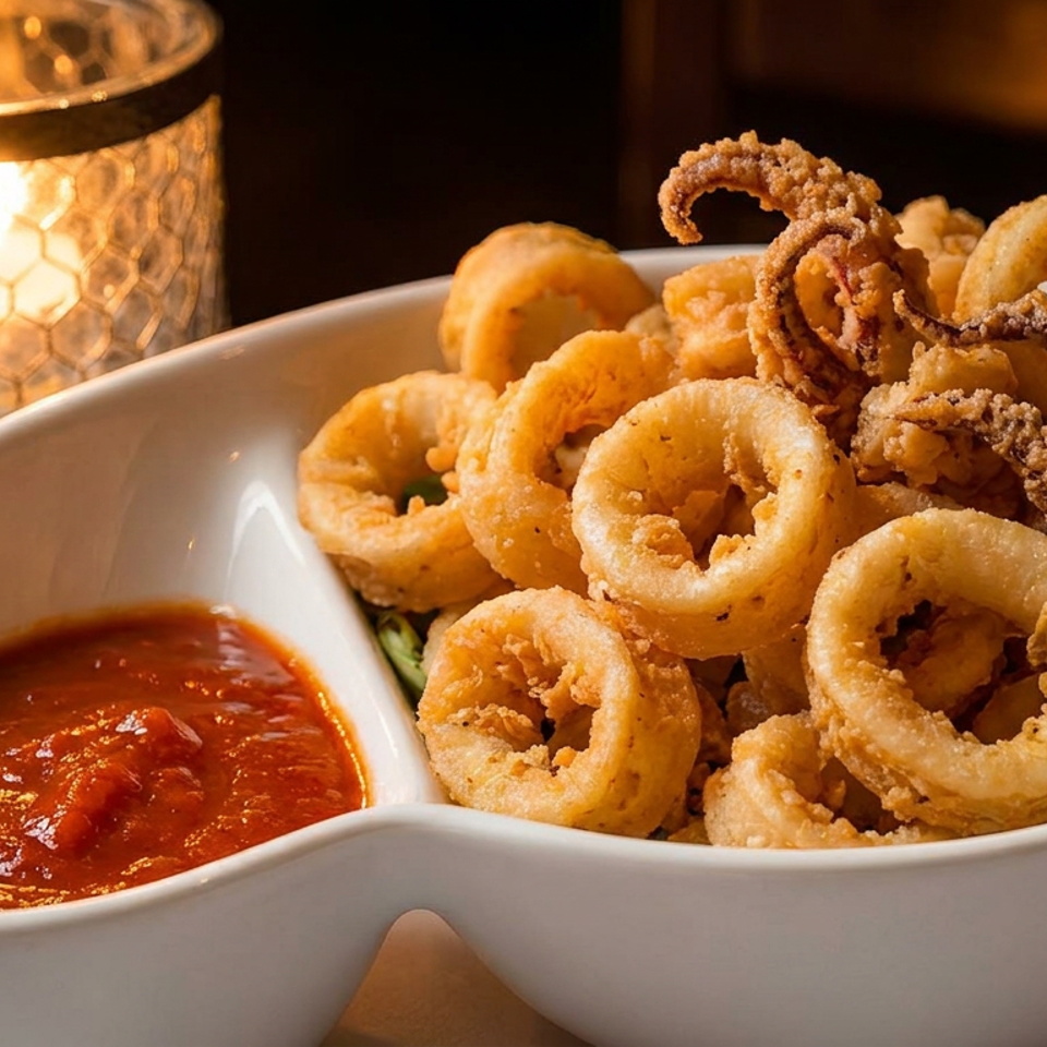 Crispy fried calamari rings and tentacles with marinara sauce in a white bowl, next to a lit candle.