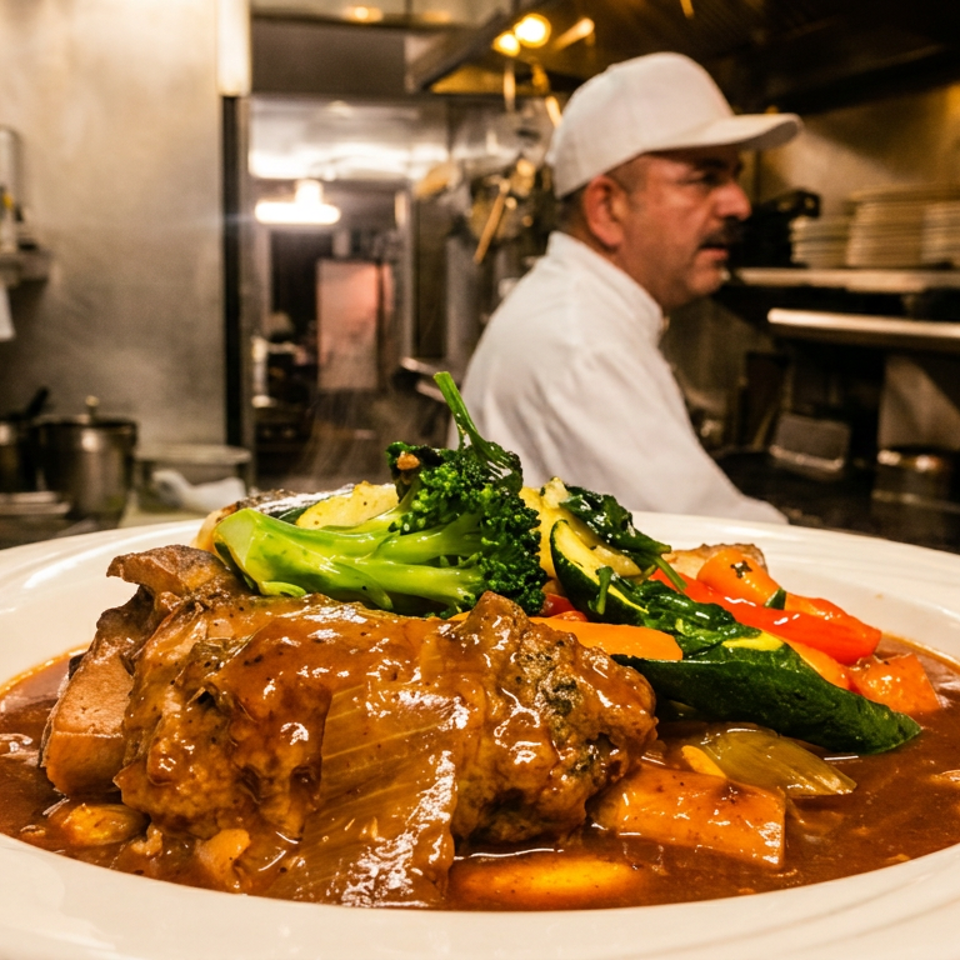 Braised short ribs with vegetables in a rich sauce, with a chef working in the background.