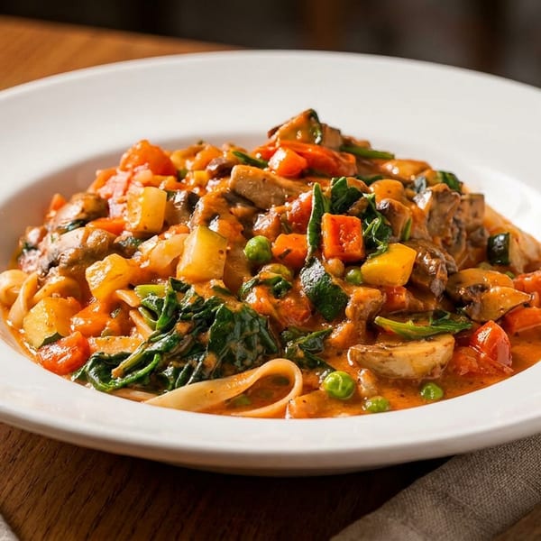 A white bowl of pasta with a rich red sauce, mushrooms, spinach, peas, and diced vegetables.