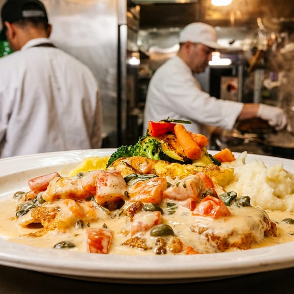 A plated dish with creamy sauce, vegetables, and mashed potatoes, with chefs working in the background.